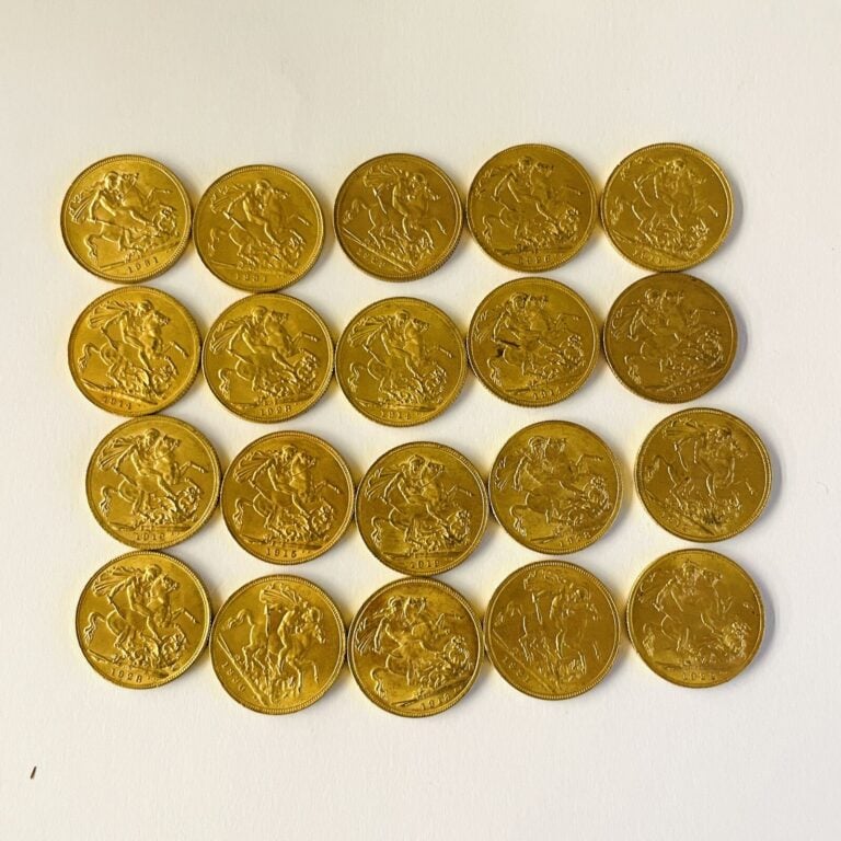 20 souverains anglais type Georges V en or (1914, 1915,1930, 1926, 1931, 1928,…