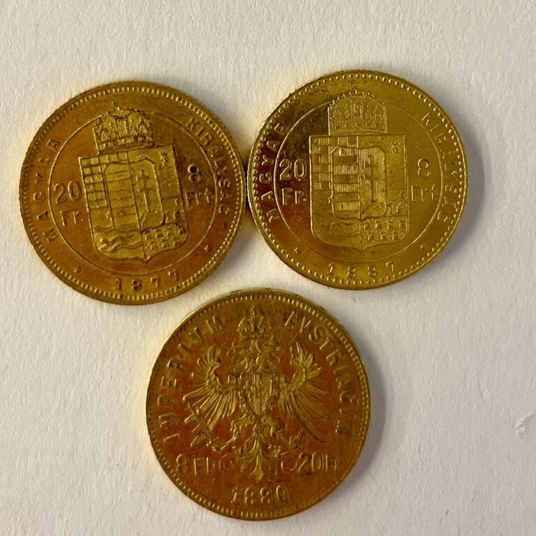 3 pièces 20 francs or Autriche (1877-1887 et 1880). Poids : 19.31 g