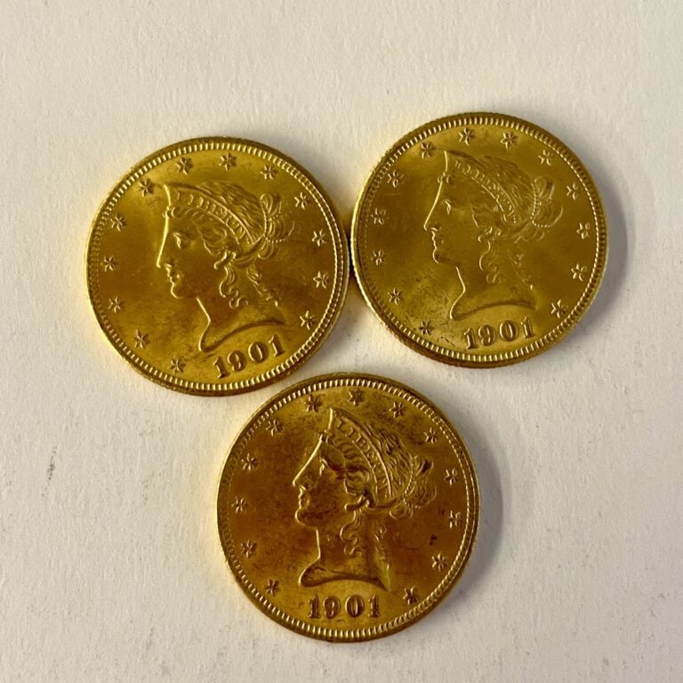 3 pièces de 10 dollars or Lady Liberty 1901 Poids : 50.13 g