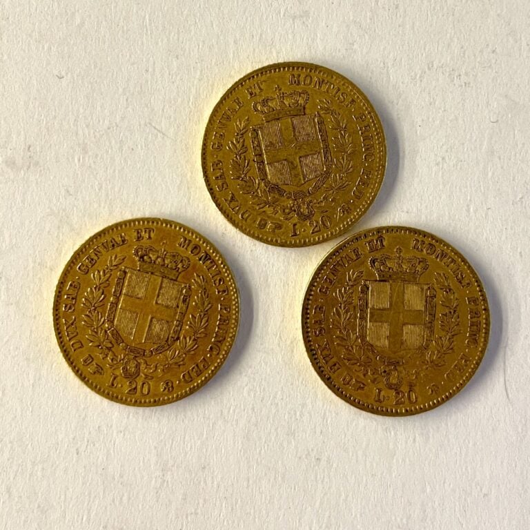 3 pièces de 20 lires italiennes en or Victorius Emmanuel II (1858, 1859, 1855)…