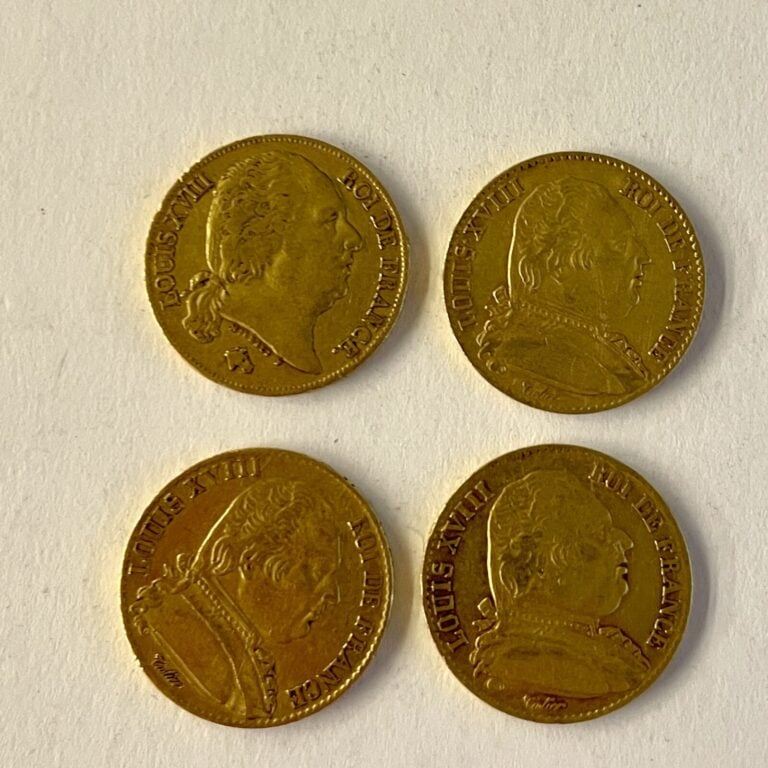4 pièces de 20 Francs or Louis XVIII roi de France (1814,1815,1818) Poids : 25.…