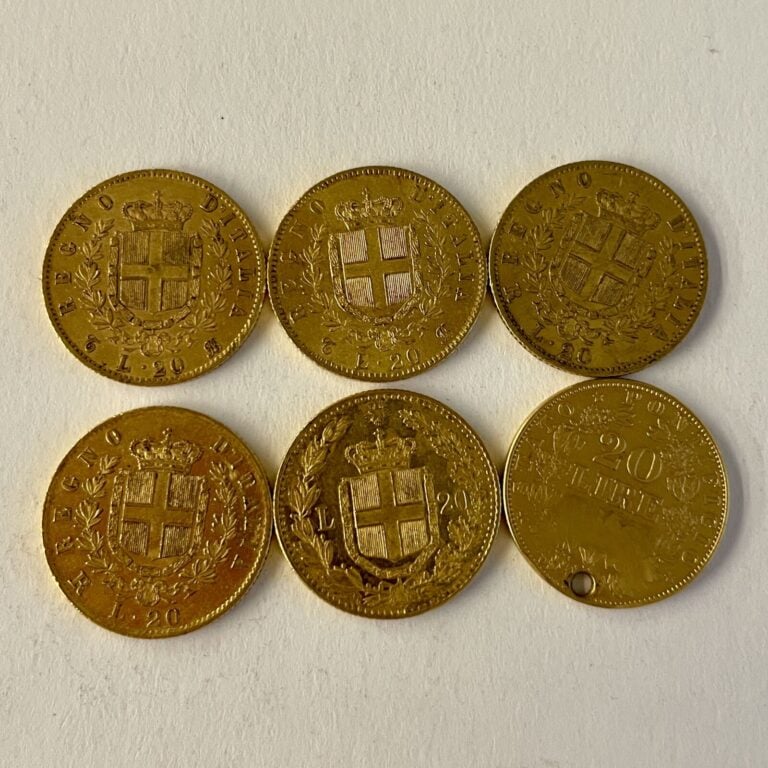5 pièces de 20 lires italiennes en or Vitorio Emanuel II (1864,1862,1875,1877),…