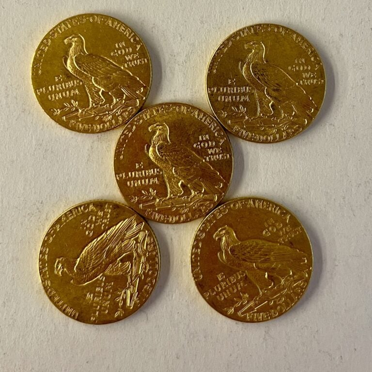 5 pièces de 5 dollars or Tête de Sioux (1913,1915,1912, 1910) Poids : 41.78 g
