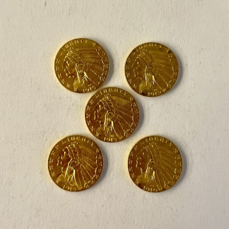 5 pièces de 5 dollars or Tête de Sioux (1913,1915,1912, 1910) Poids : 41.78 g