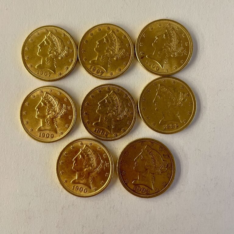 8 pièces de 5 dollars or Lady Liberty (1900,1907,1882, 1897,1903: Poids : 66.71…