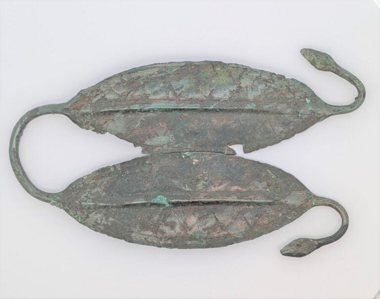 Agrafe de ceinture en forme de feuilles terminées par des têtes de serpents en…