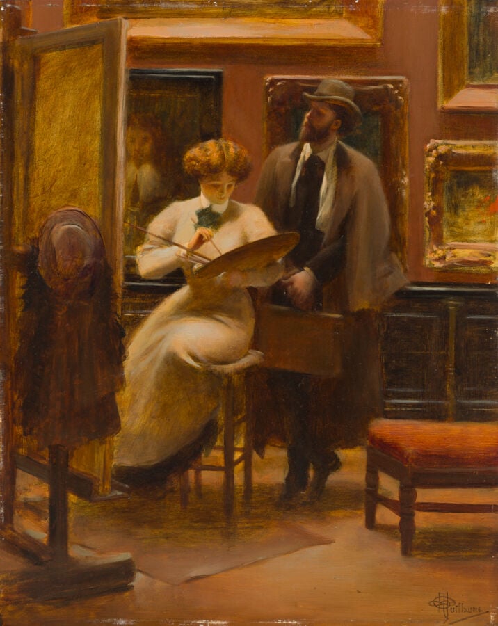ALBERT GUILLAUME (PARIS 1873 - 1842) - Femme peintre au Louvre - Panneau - Haut…