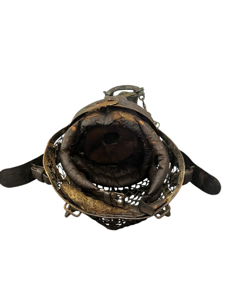 Casque d'escrime artisanal d'entraînement en métal et cuir - H. : 36 cm - (oxyd…