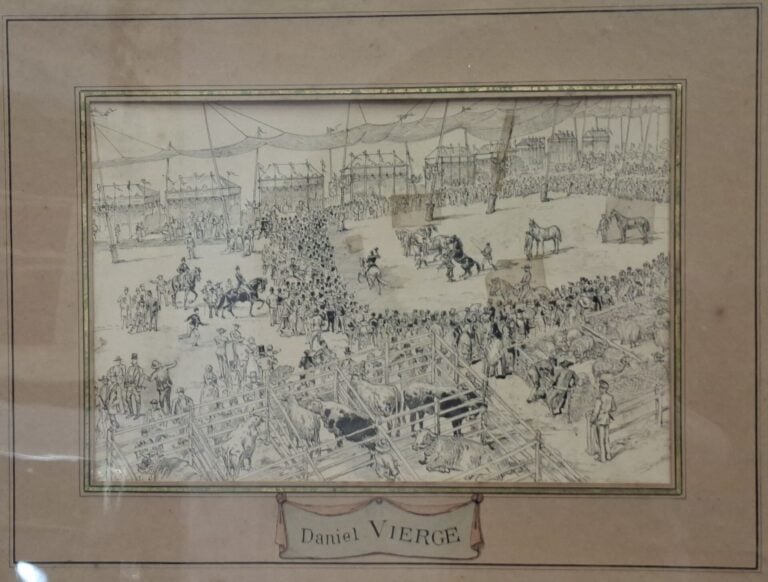 Daniel VIERGE (1851-1904) - Marché aux chevaux et bestiaux - Dessin à l'encre d…