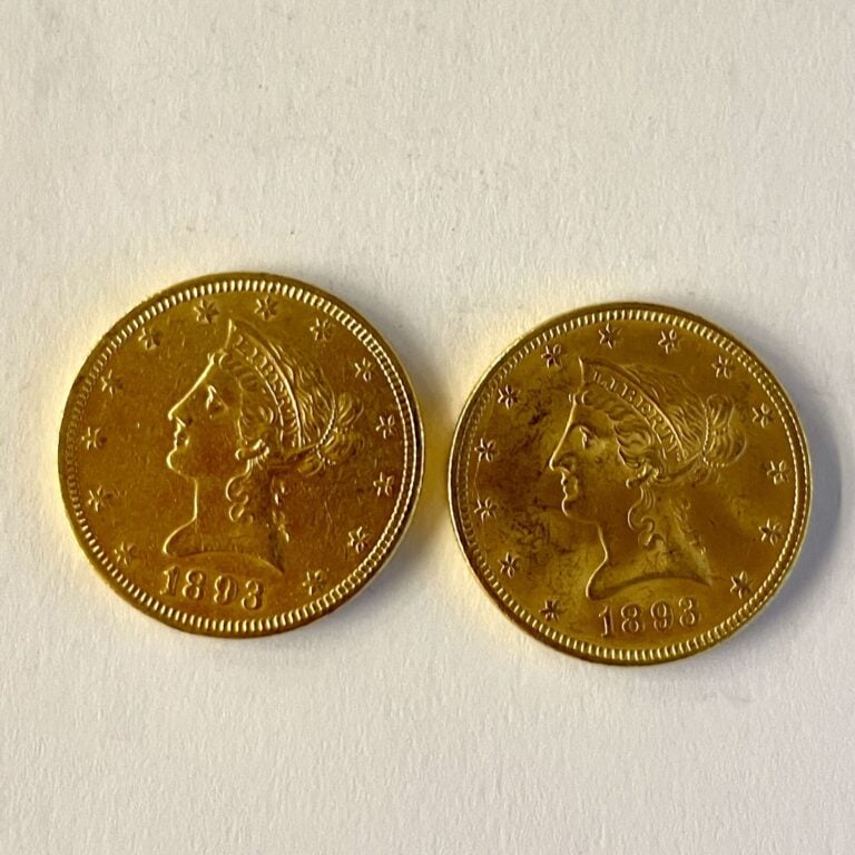 Deux pièces de 10 dollars or 1893. Poids : 33.36 g