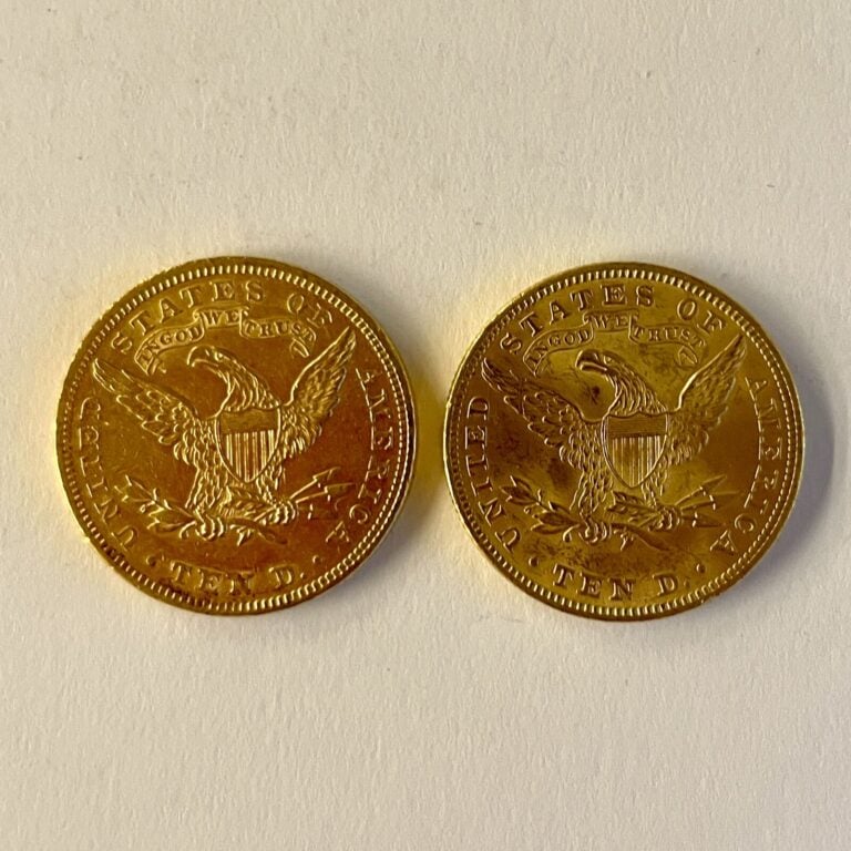 Deux pièces de 10 dollars or 1893. Poids : 33.36 g