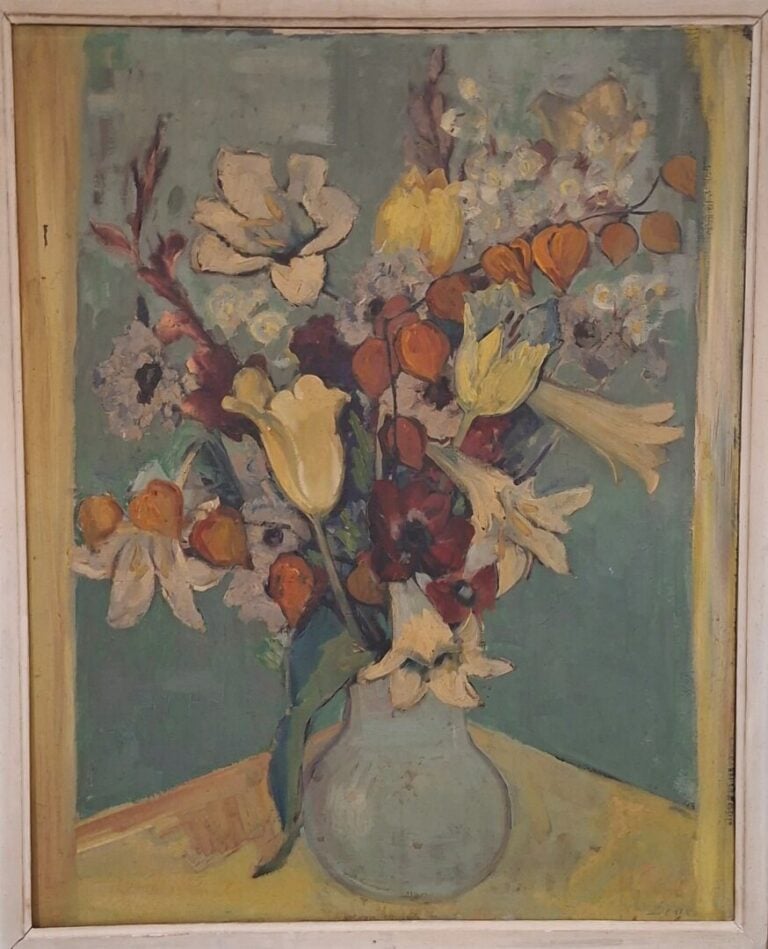 École du XXe - Nature morte au bouquet de fleurs, composition jaune et bleue -…
