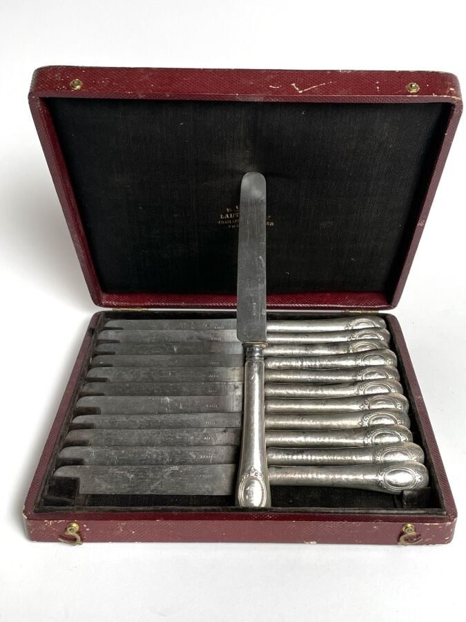 Ensemble de couteaux , manches en argent fourré , les manches à médaillons oval…