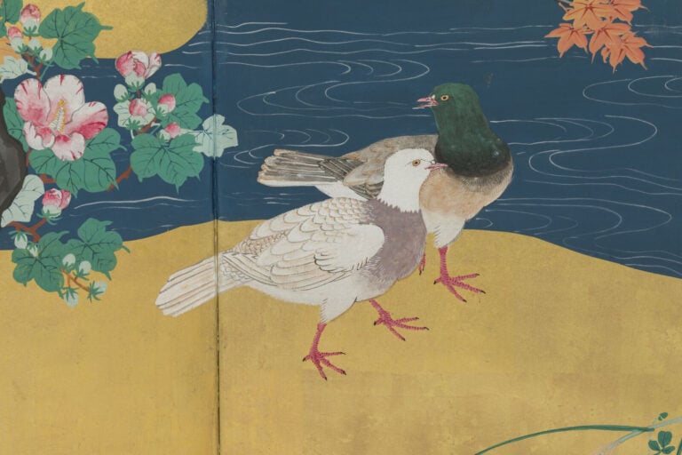 JAPON - XIXème siècle - Grand paravent à six panneaux à décor peint d'un couple…