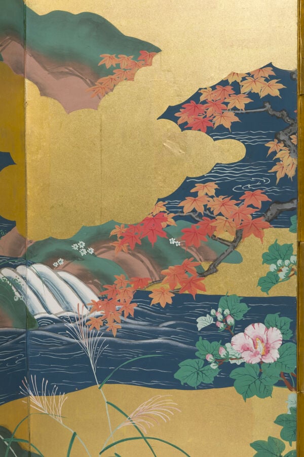 JAPON - XIXème siècle - Grand paravent à six panneaux à décor peint d'un couple…