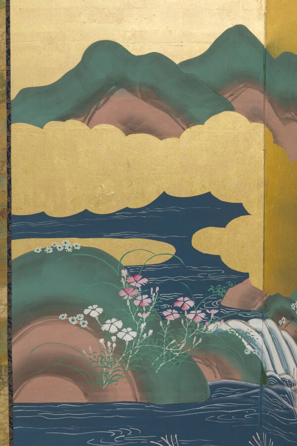 JAPON - XIXème siècle - Grand paravent à six panneaux à décor peint d'un couple…