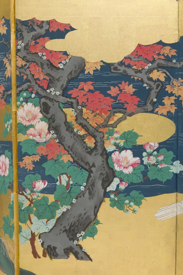 JAPON - XIXème siècle - Grand paravent à six panneaux à décor peint d'un couple…