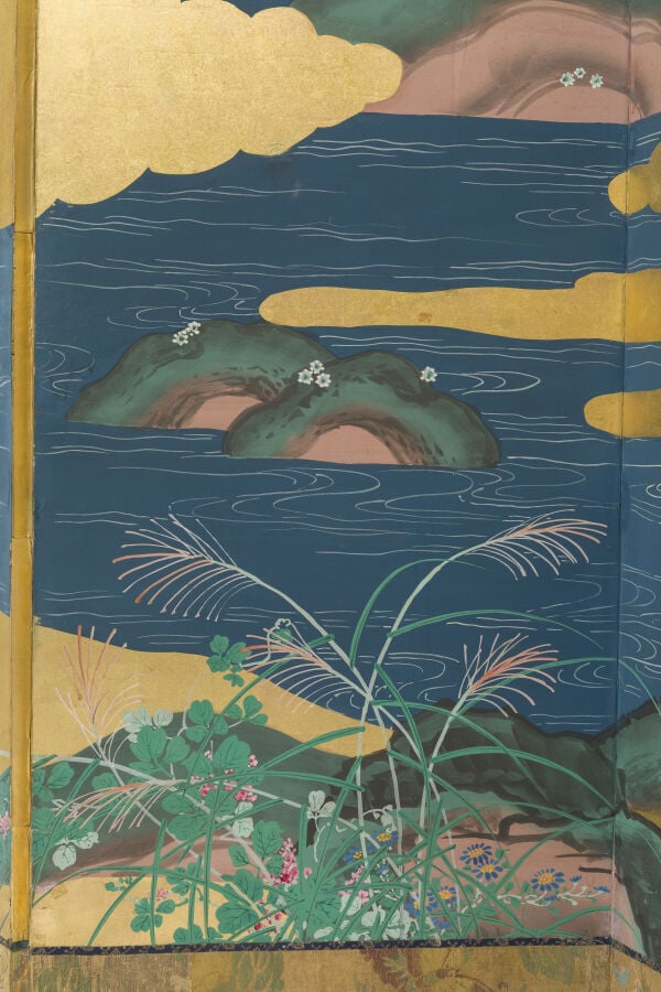 JAPON - XIXème siècle - Grand paravent à six panneaux à décor peint d'un couple…