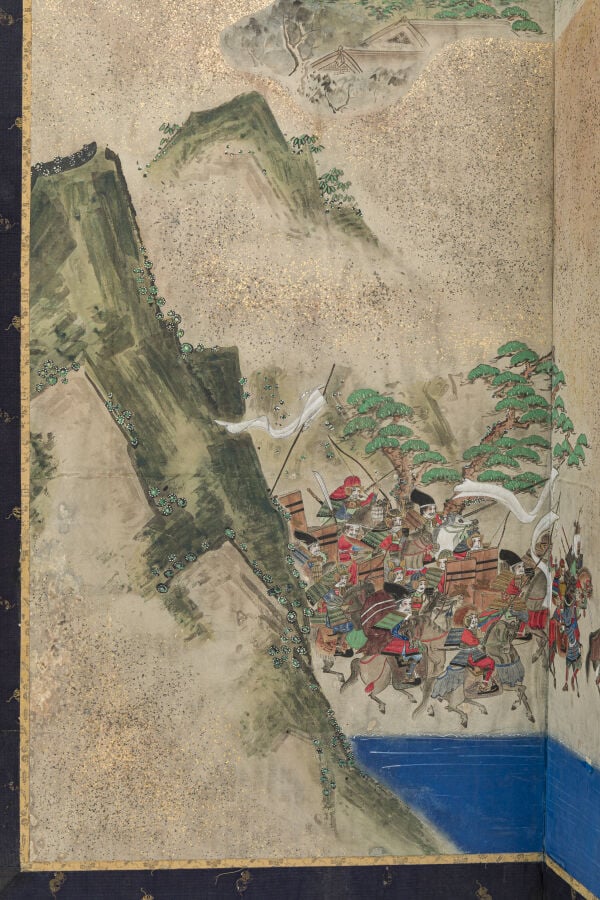 JAPON - XIXème siècle - Grand paravent à six panneaux à décor peint d'une batai…