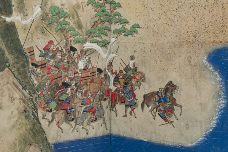 JAPON - XIXème siècle - Grand paravent à six panneaux à décor peint d'une batai…
