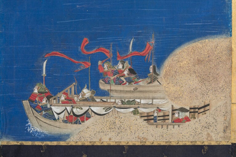 JAPON - XIXème siècle - Grand paravent à six panneaux à décor peint d'une batai…