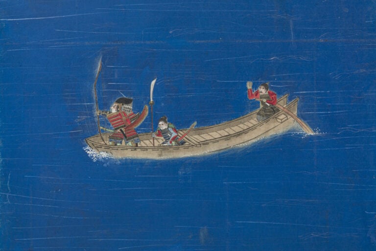 JAPON - XIXème siècle - Grand paravent à six panneaux à décor peint d'une batai…