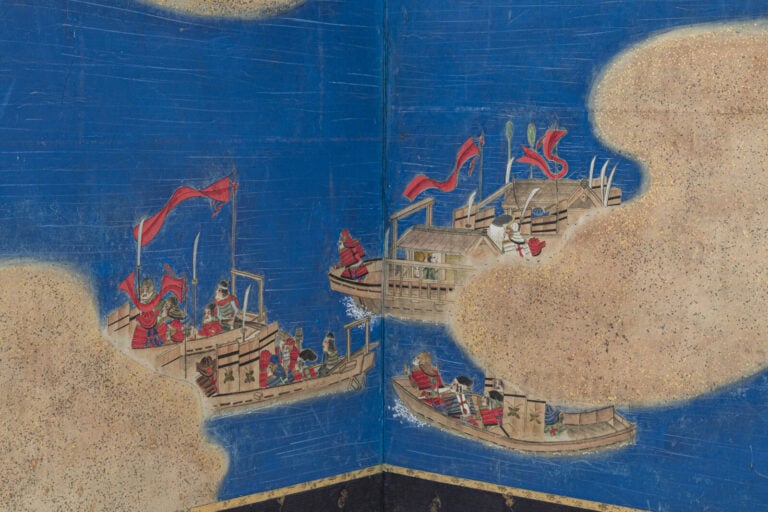 JAPON - XIXème siècle - Grand paravent à six panneaux à décor peint d'une batai…