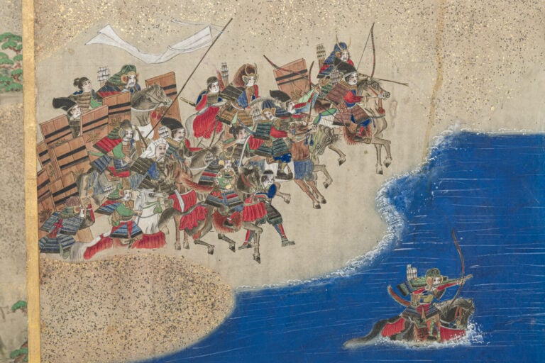 JAPON - XIXème siècle - Grand paravent à six panneaux à décor peint d'une batai…
