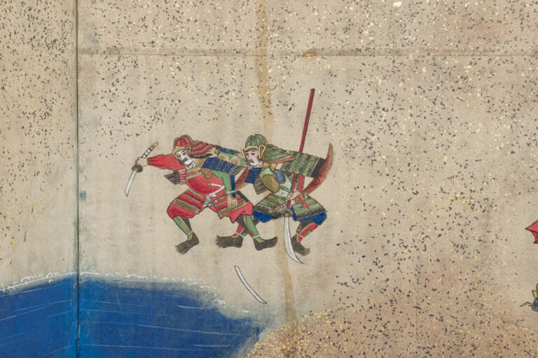 JAPON - XIXème siècle - Grand paravent à six panneaux à décor peint d'une batai…