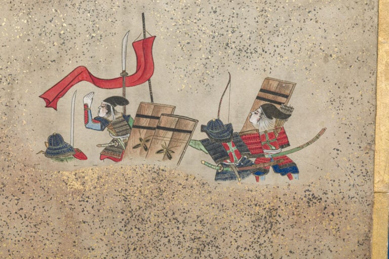 JAPON - XIXème siècle - Grand paravent à six panneaux à décor peint d'une batai…