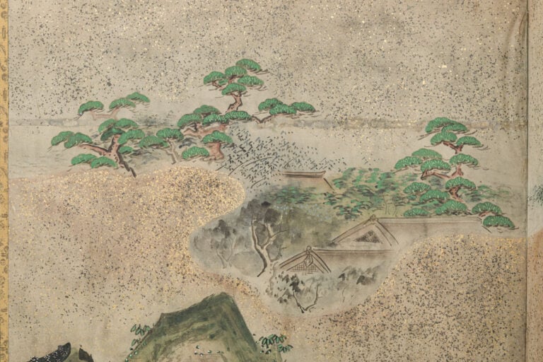 JAPON - XIXème siècle - Grand paravent à six panneaux à décor peint d'une batai…