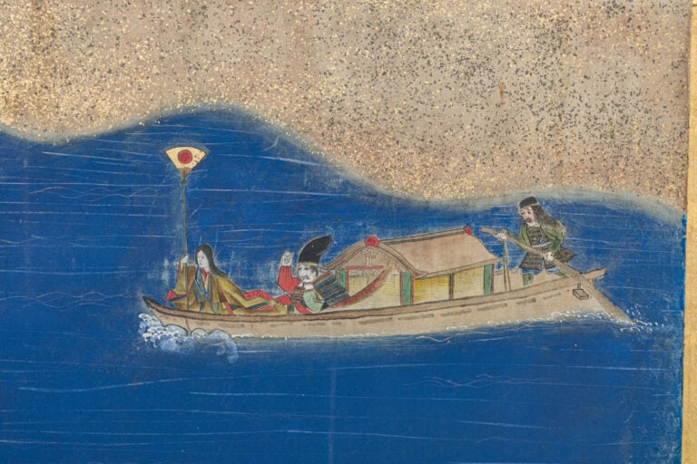 JAPON - XIXème siècle - Grand paravent à six panneaux à décor peint d'une batai…