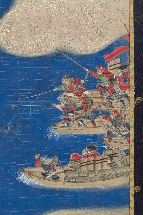 JAPON - XIXème siècle - Grand paravent à six panneaux à décor peint d'une batai…