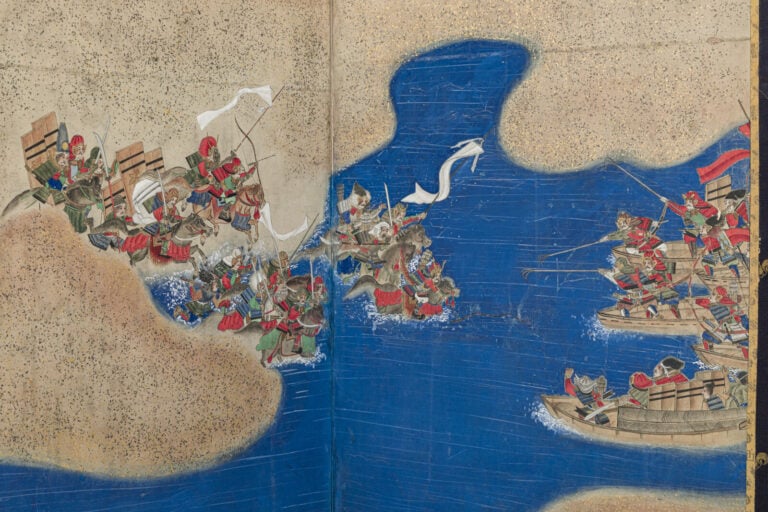 JAPON - XIXème siècle - Grand paravent à six panneaux à décor peint d'une batai…