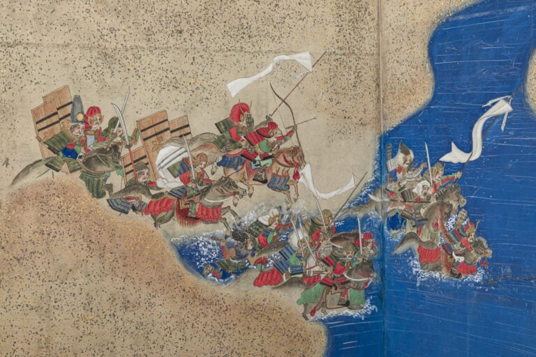 JAPON - XIXème siècle - Grand paravent à six panneaux à décor peint d'une batai…