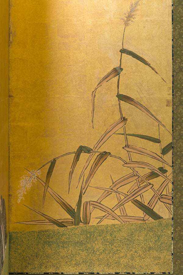 JAPON -XIXème siècle - Grand paravent à six panneaux à décor peint une famille…