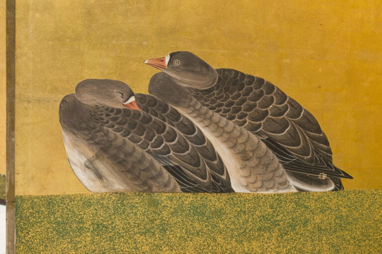JAPON -XIXème siècle - Grand paravent à six panneaux à décor peint une famille…