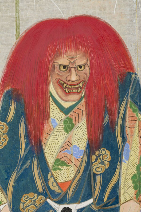 JAPON - XXème siècle - Paravent à deux panneaux, à décor peint d'un yokai à l'a…