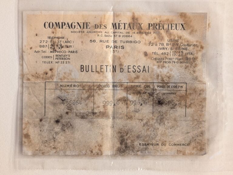 Lingot en or numéroté 436864 avec son bulletin d'essai Compagnie des Métaux Pré…