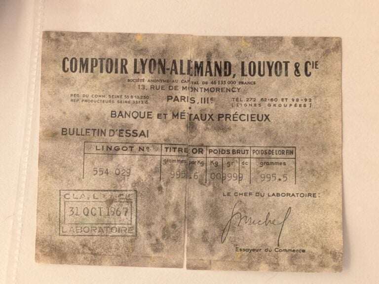 Lingot en or numéroté 554029 avec son bulletin d'essai Comptoir Lyon-Alemand, L…
