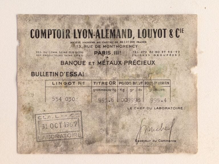 Lingot en or numéroté 554030 avec son bulletin d'essai Comptoir Lyon-Alemand, L…