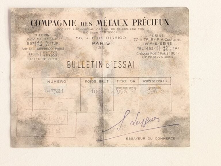 Lingot en or numéroté 747521 avec son bulletin d'essai Compagnie des Métaux Pré…