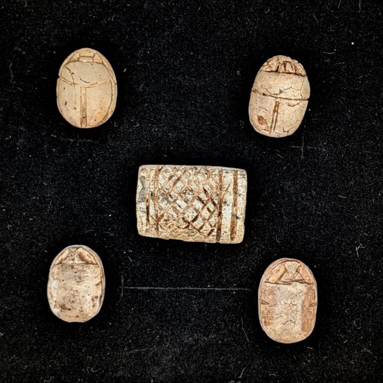 Lot de quatre scarabées et d'un scaraboïde rectangulaire. - Stéatite. - Égypte,…