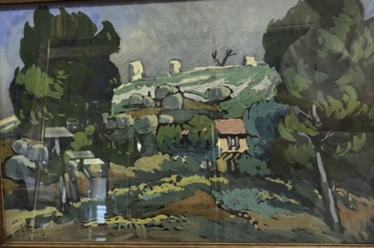 Lot divers : - Peinture sur toile "Village sur les berges" : 56 x 81 cm - Aquar…