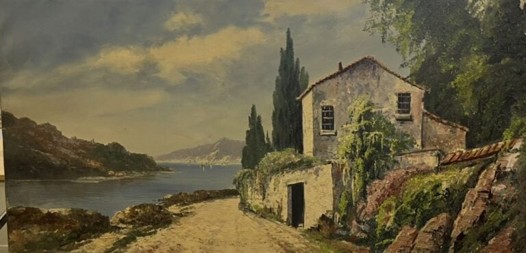Lot divers : - Peinture sur toile "Village sur les berges" : 56 x 81 cm - Aquar…