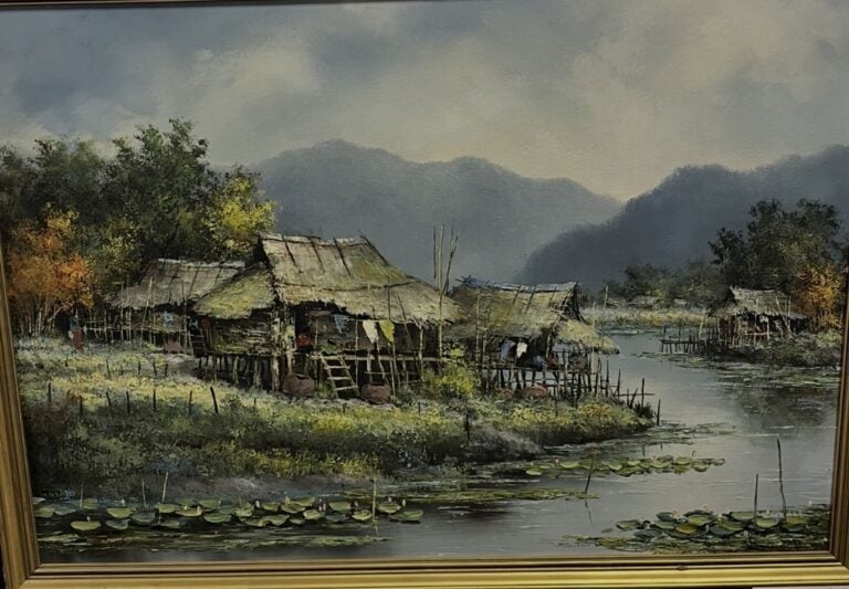 Lot divers : - Peinture sur toile "Village sur les berges" : 56 x 81 cm - Aquar…