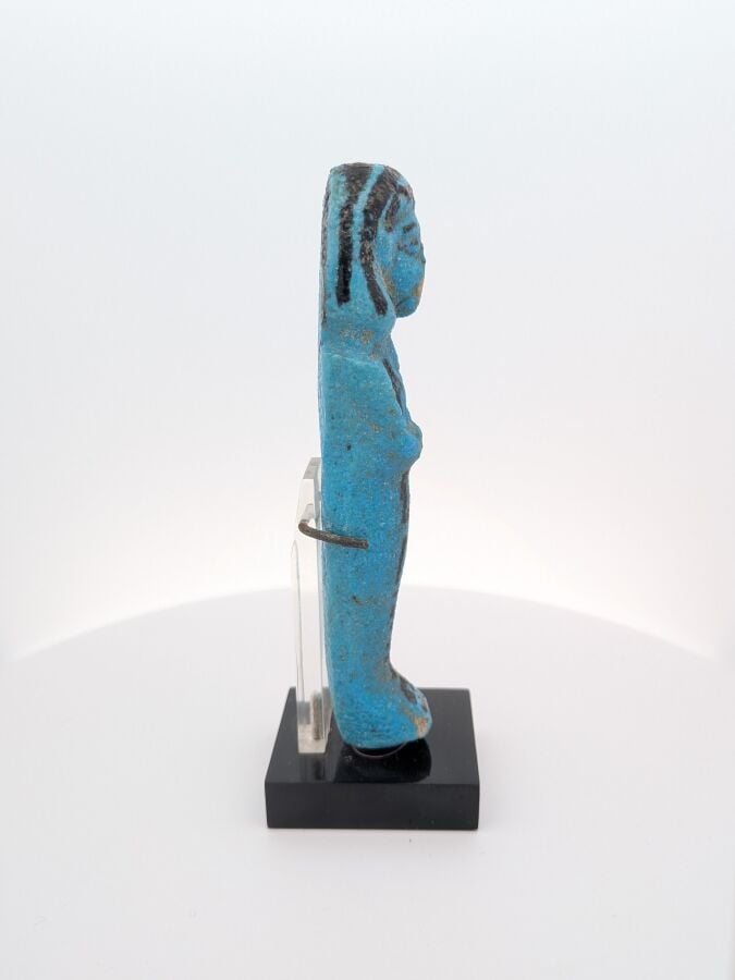 Oushebti à la perruque courte striée et aux instruments aratoires peints en noi…