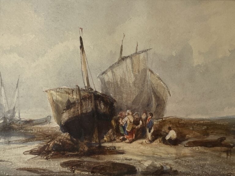 Réunion de 3 aquarelles, bords de mer : - 1/ Bateaux à quai (8 x 12.5 cm) - 2/…
