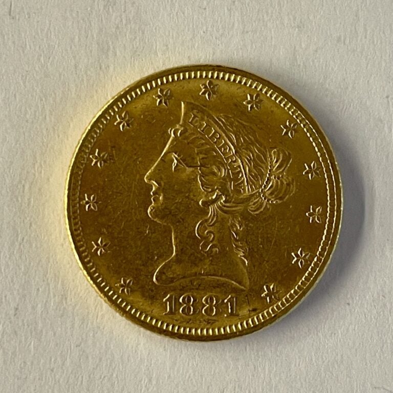 Une pièce de 10 dollars or 1881. Poids : 16.72 g