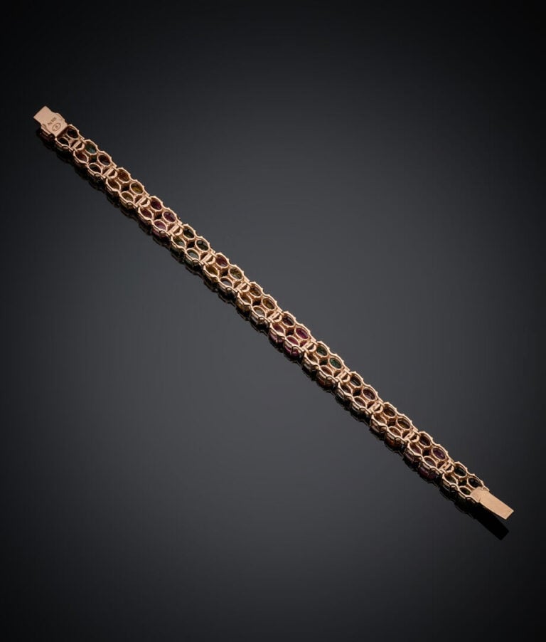 BRACELET en vermeil rose (925‰) serti de deux lignes de tourmalines multicolore…